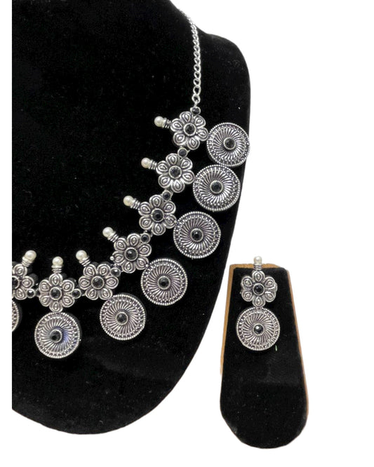 Ethnic German Silver Oxidized Necklace Earrings Set with Black Stones #GS15