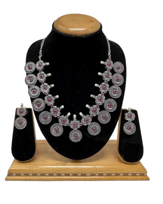 Ethnic German Silver Oxidized Necklace Earrings Set with Ruby Stones #GS14