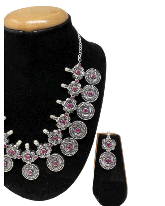 Ethnic German Silver Oxidized Necklace Earrings Set with Ruby Stones #GS14