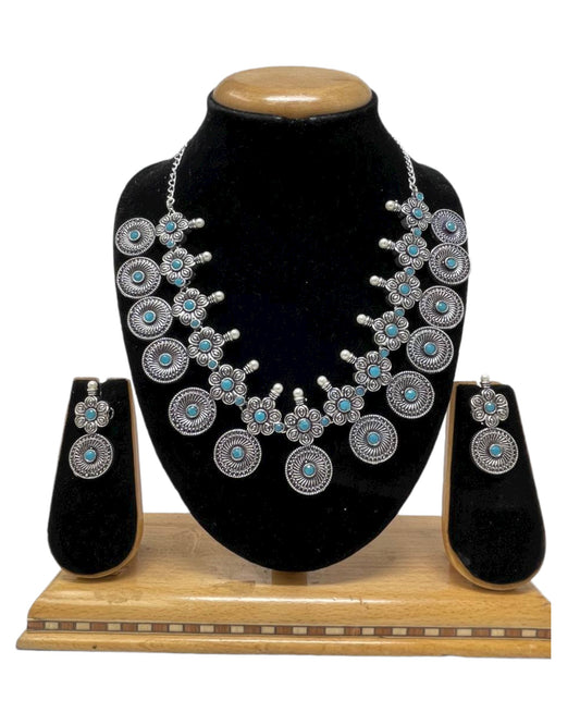 Ethnic German Silver Oxidized Necklace Earrings Set with Light Blue Stones #GS16