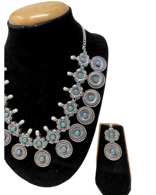 Ethnic German Silver Oxidized Necklace Earrings Set with Light Blue Stones #GS16