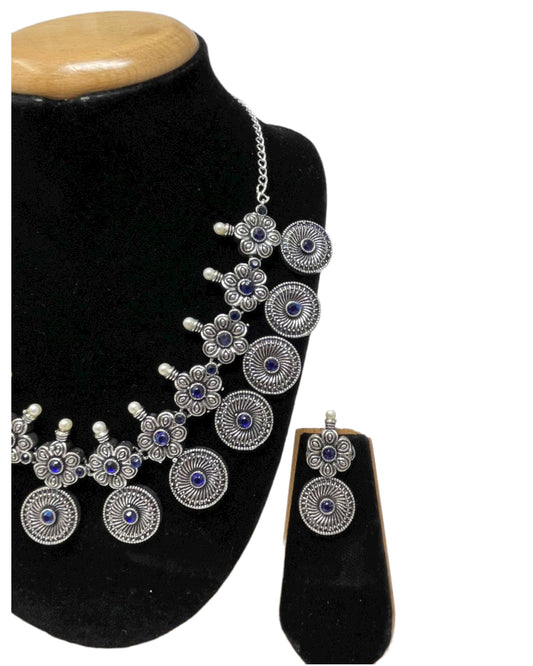 Ethnic German Silver Oxidized Necklace Earrings Set with Blue Stones #GS17