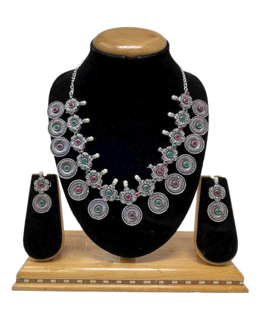 German Silver Oxidized Necklace Earrings Set with Ruby and Emerald Green Stones #GS18