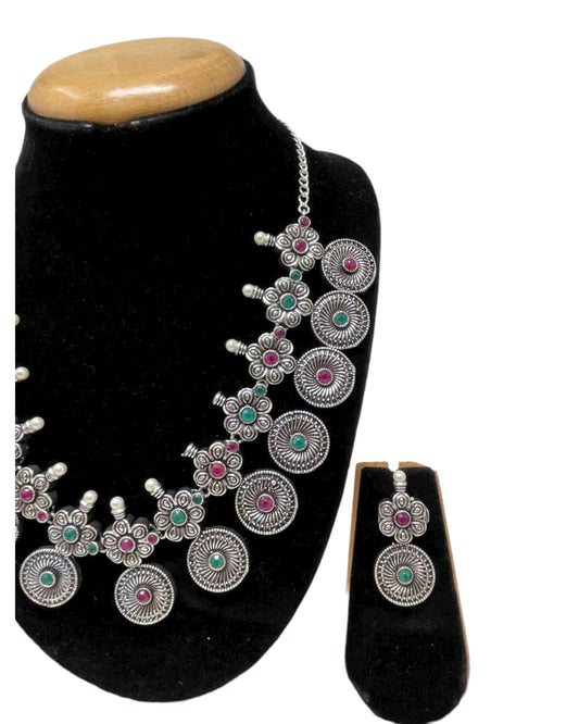 German Silver Oxidized Necklace Earrings Set with Ruby and Emerald Green Stones #GS18