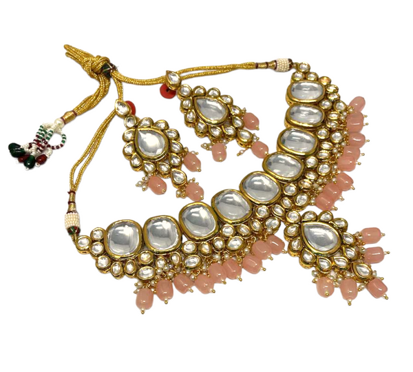 Kundan Necklace and Earrings Set With Back Minakari Peach Mona Lisa Beads #KS5