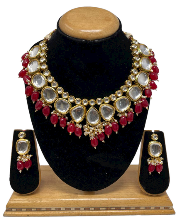 Kundan Necklace and Earrings Set With Back Minakari Red Mona Lisa Beads #KS6