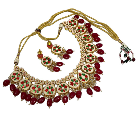 Kundan Necklace and Earrings Set With Back Minakari Red Mona Lisa Beads #KS6