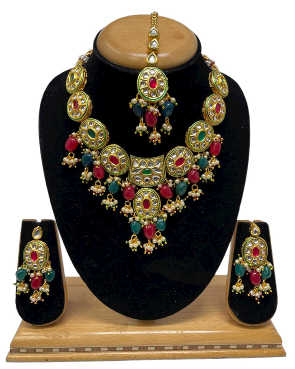 Kundan Necklace Earrings Mang Tikka Set With Red Green Stones #KS8