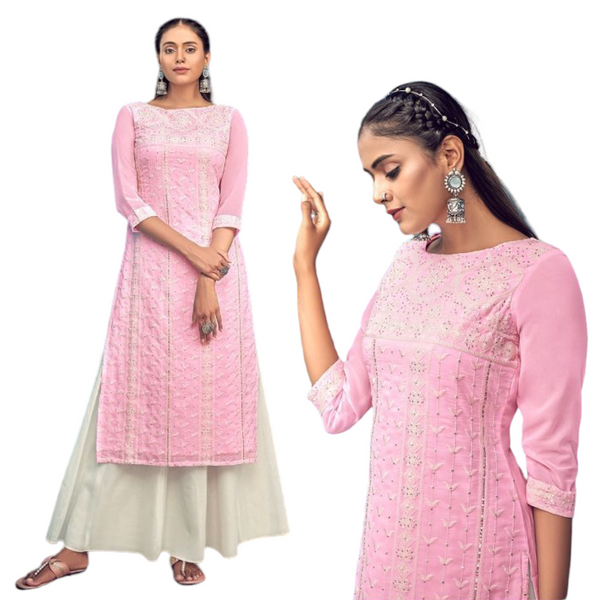Women 2 Pcs Dress Lucknowi Georgette Light Pink Kurti With Cotton Plazzo Pants - Zenia Creations