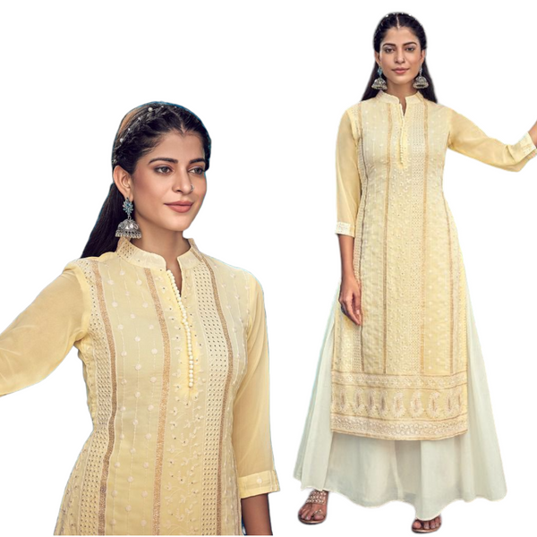 Women 2 Pcs Dress Lucknowi Georgette Yellow Kurti With Cotton Plazzo Pants - Zenia Creations