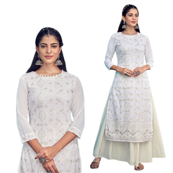 Women 2 Pcs Dress Lucknowi Georgette White Kurti With Cotton Plazzo Pants - Zenia Creations