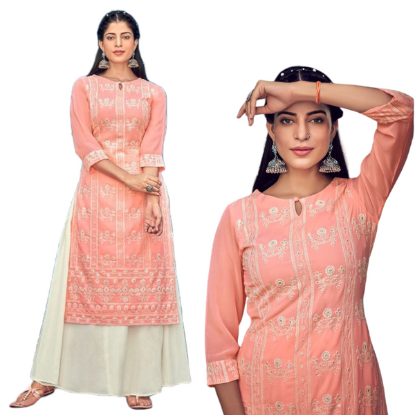 Women 2 Pcs Dress Lucknowi Georgette Peach Kurti With Cotton Plazzo Pants - Zenia Creations