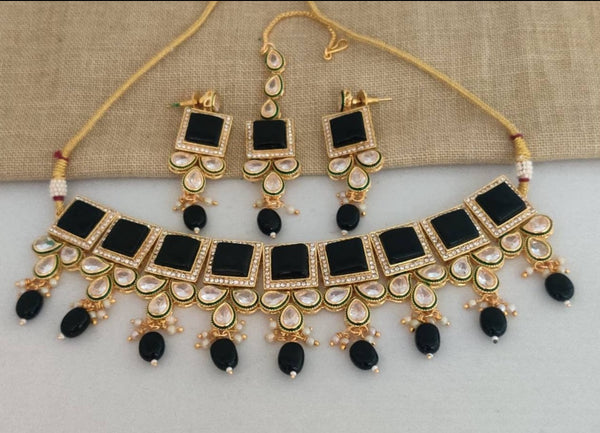 Polki AD With Mona Lisa Stones Necklace Earrings And Mangtikka Set #PS7