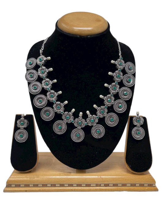 Ethnic German Silver Oxidized Necklace Earrings Set with Green Stones #GS14