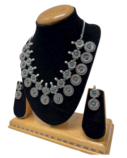 Ethnic German Silver Oxidized Necklace Earrings Set with Green Stones #GS14