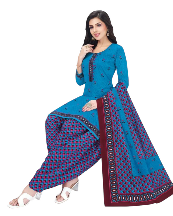 3pc Blue Cotton Punjabi Suit Dress Kurti Patiala Shalwar and Dupatta #2009