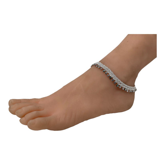 P1 - Pair of Anklets Payal with Rhinestone Indian Jewelry Silver