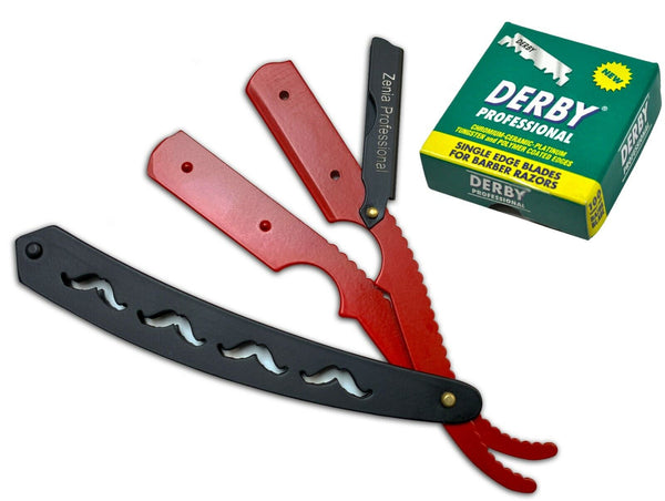 Zenia Stainless Steel Red Black Straight Edge Barber Razor FREE100 Derby Blades